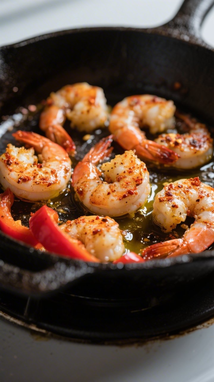 Cooking process, close-up: Searing Cajun-seasoned shrimp in a hot skillet, shrimp just turned opaque