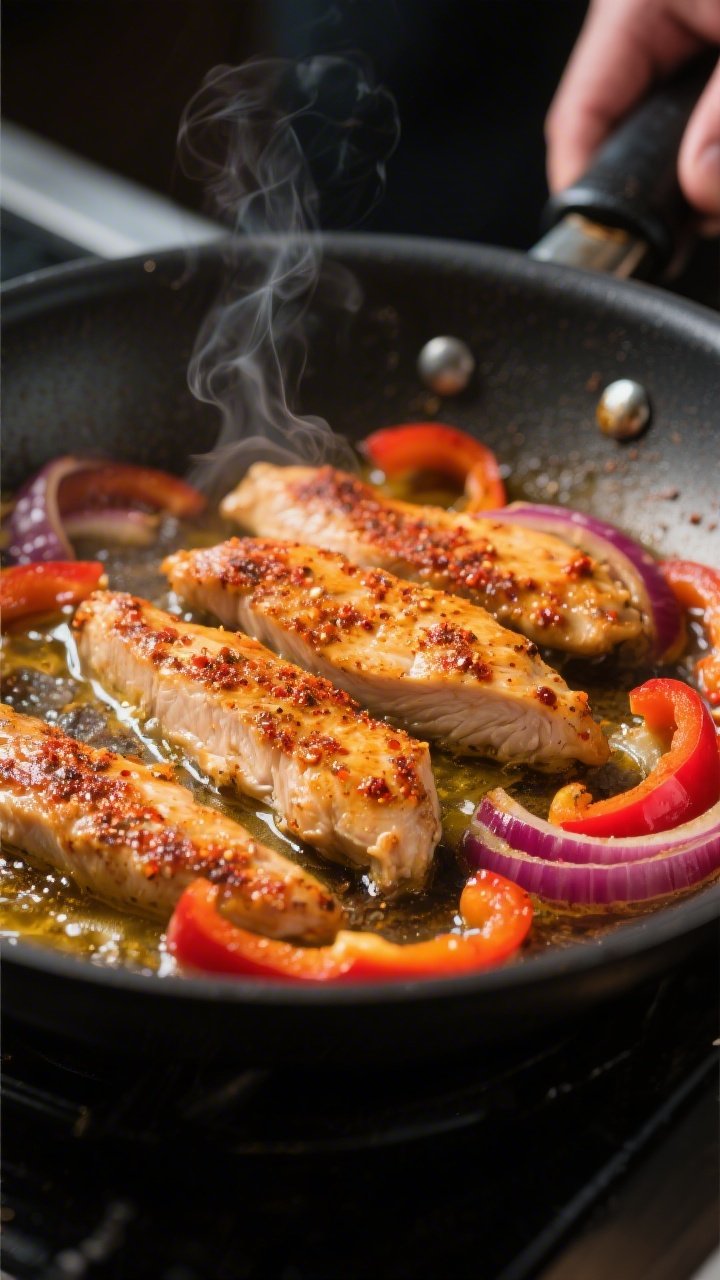Cooking process, close-up: Searing Cajun-seasoned chicken strips in a large skillet, golden-brown cr