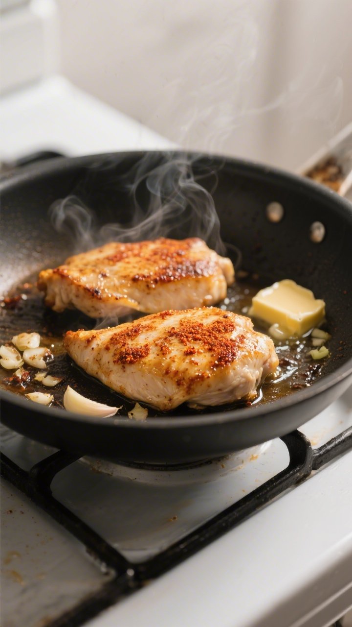 Cooking process, close-up: Searing chicken cutlets in a large skillet until golden with caramelized 