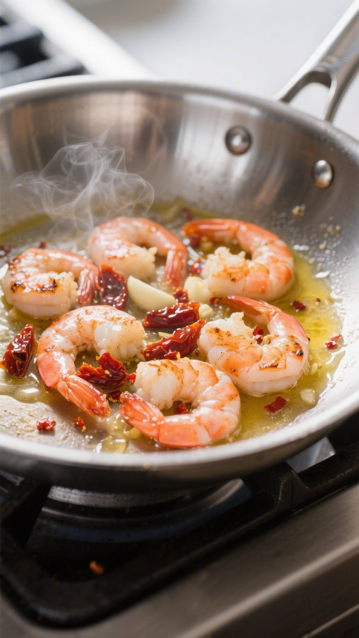 Cooking process close-up: Searing large shrimp in a stainless-steel skillet, shrimp just turned pink