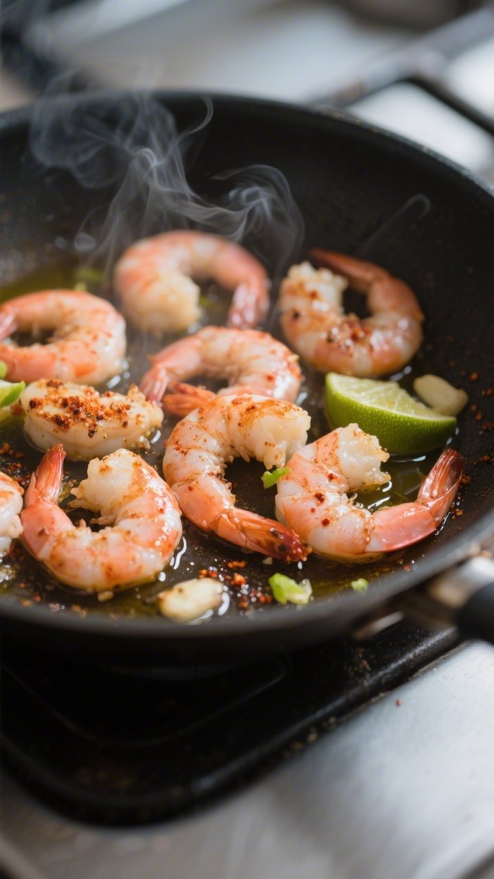 Cooking process close-up: Searing shrimp in a hot skillet, mid-cook as they turn pink and curl into 