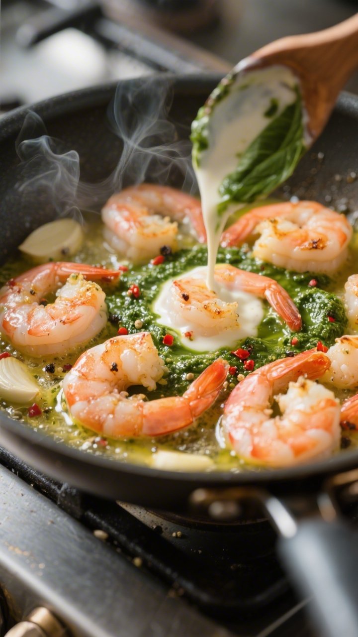 Cooking process, close-up: Searing shrimp in a large skillet, shrimp just turned pink and opaque wit