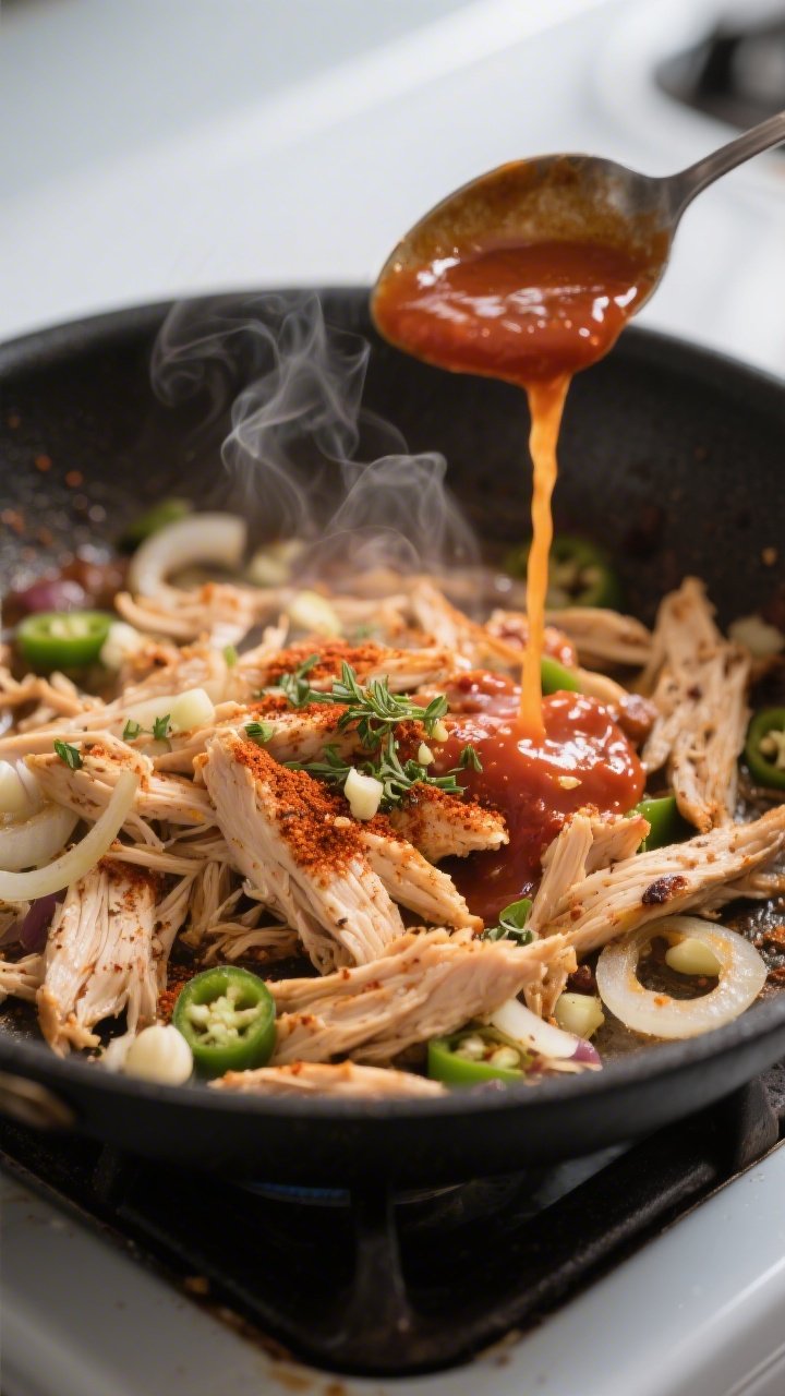 Cooking process close-up: Seasoned shredded chicken sizzling in a skillet with softened onions and m