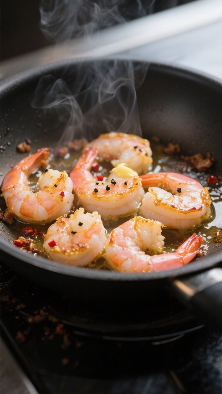 Cooking process close-up: Shrimp searing in a large skillet, golden edges forming on pink, opaque la