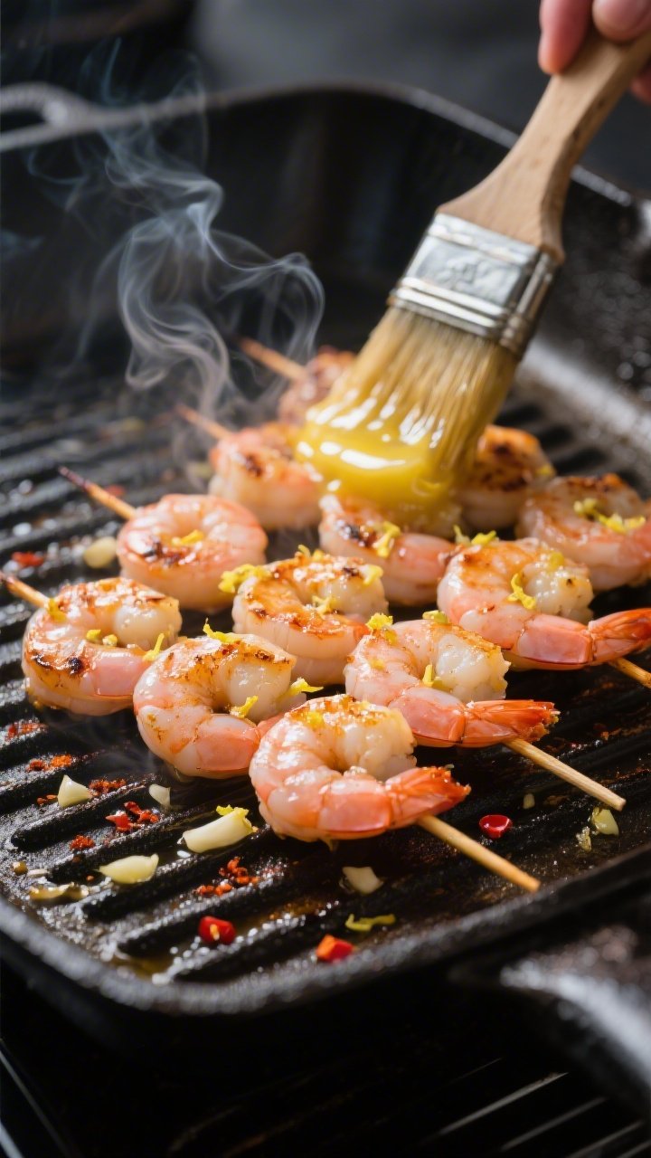 Cooking process close-up: Shrimp skewers sizzling on a hot grill pan, shrimp opaque pink with lightl