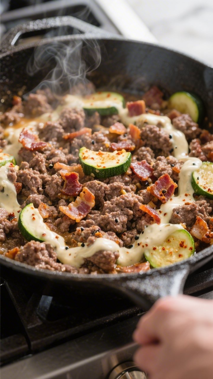 Cooking process close-up: Sizzling ground beef and bacon ranch mixture in an oven-safe skillet, beef