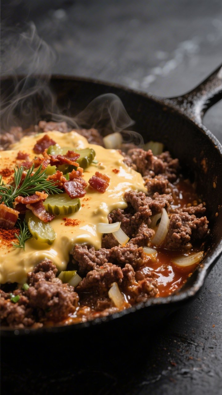 Cooking process close-up: Sizzling ground beef and onions in a cast-iron skillet, coated with melted
