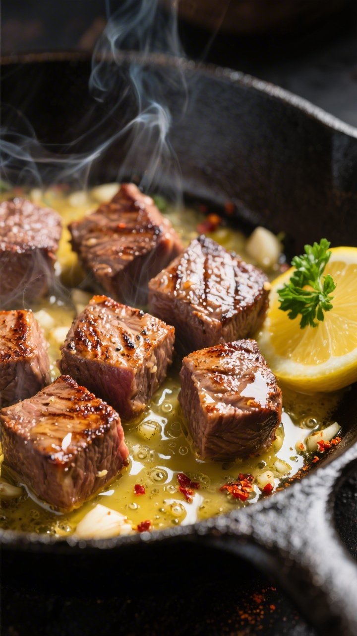 Cooking process close-up: Sizzling Keto Garlic Butter Steak Bites in a blazing-hot cast-iron skillet