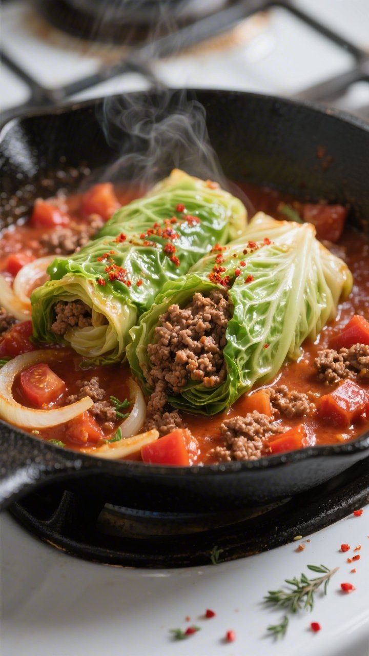 Cooking process, close-up: Sizzling keto ground beef cabbage roll skillet mid-cook, cabbage softened
