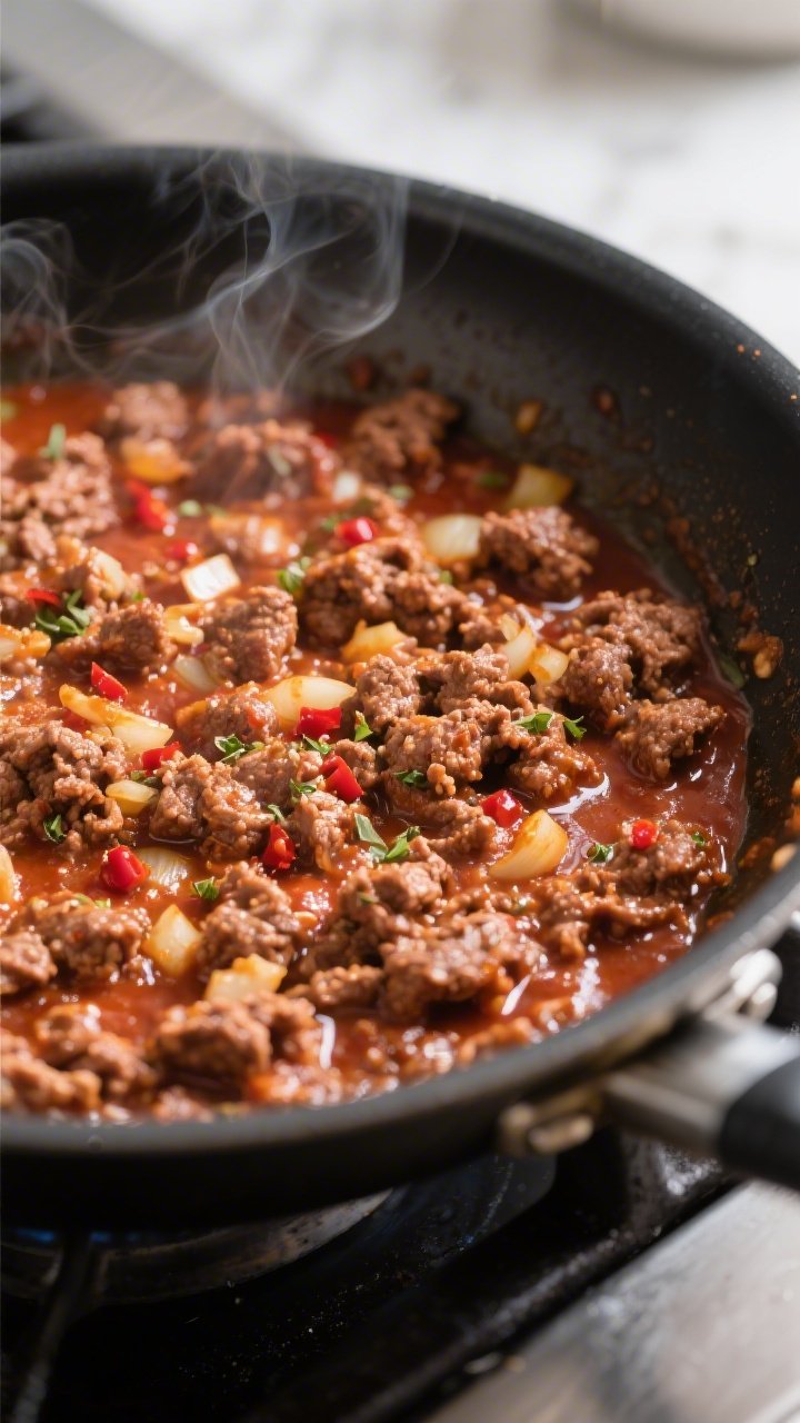 Cooking process close-up: Sizzling keto ground beef meat sauce in a stainless skillet—browned crum