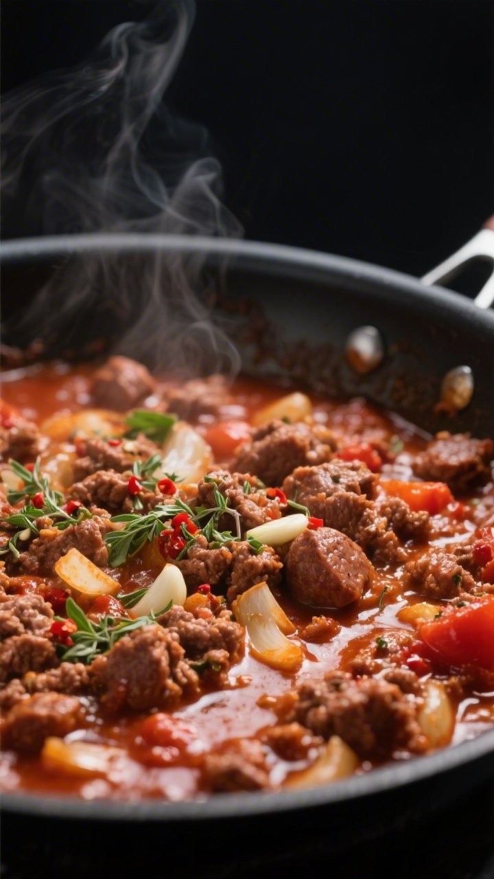 Cooking process close-up: Sizzling meat sauce in a wide stainless skillet, browned ground beef/Itali