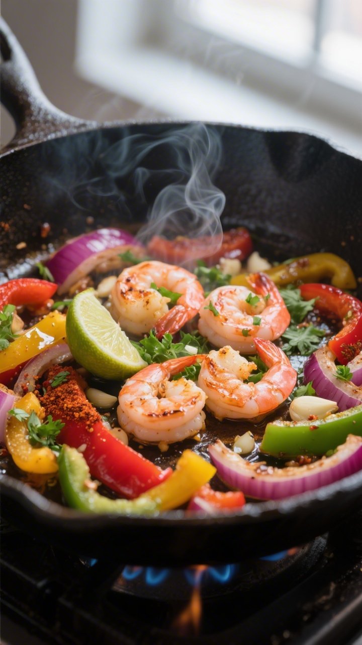 Cooking process close-up: Sizzling shrimp fajitas in a large cast-iron skillet over medium-high heat