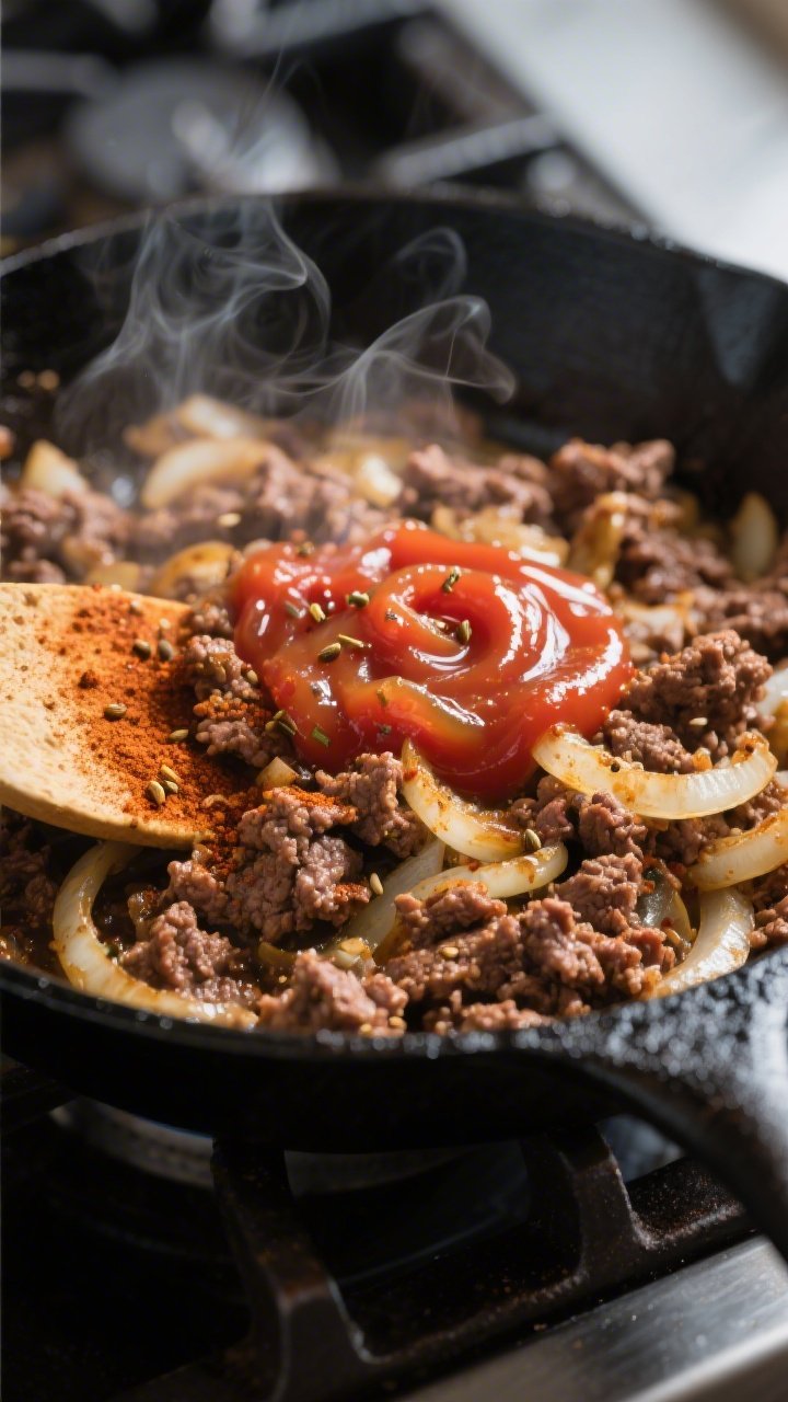 Cooking process close-up: Sizzling taco-seasoned ground beef with softened onions in a black cast-ir