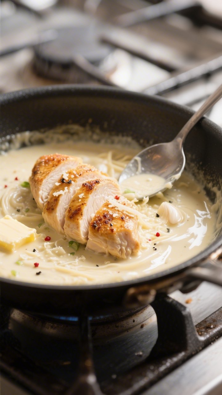 Cooking process close-up: Sliced, golden-seared chicken breast resting on the edge of a stainless sk