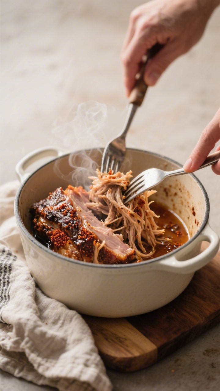 Cooking process close-up: Tender pulled pork just after slow cooking, being shredded with two forks 