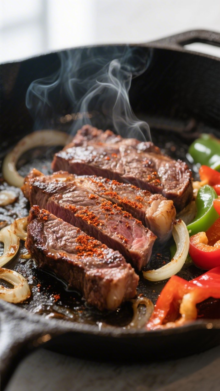 Cooking process close-up: Thinly sliced ribeye searing in a large cast-iron skillet over medium-high