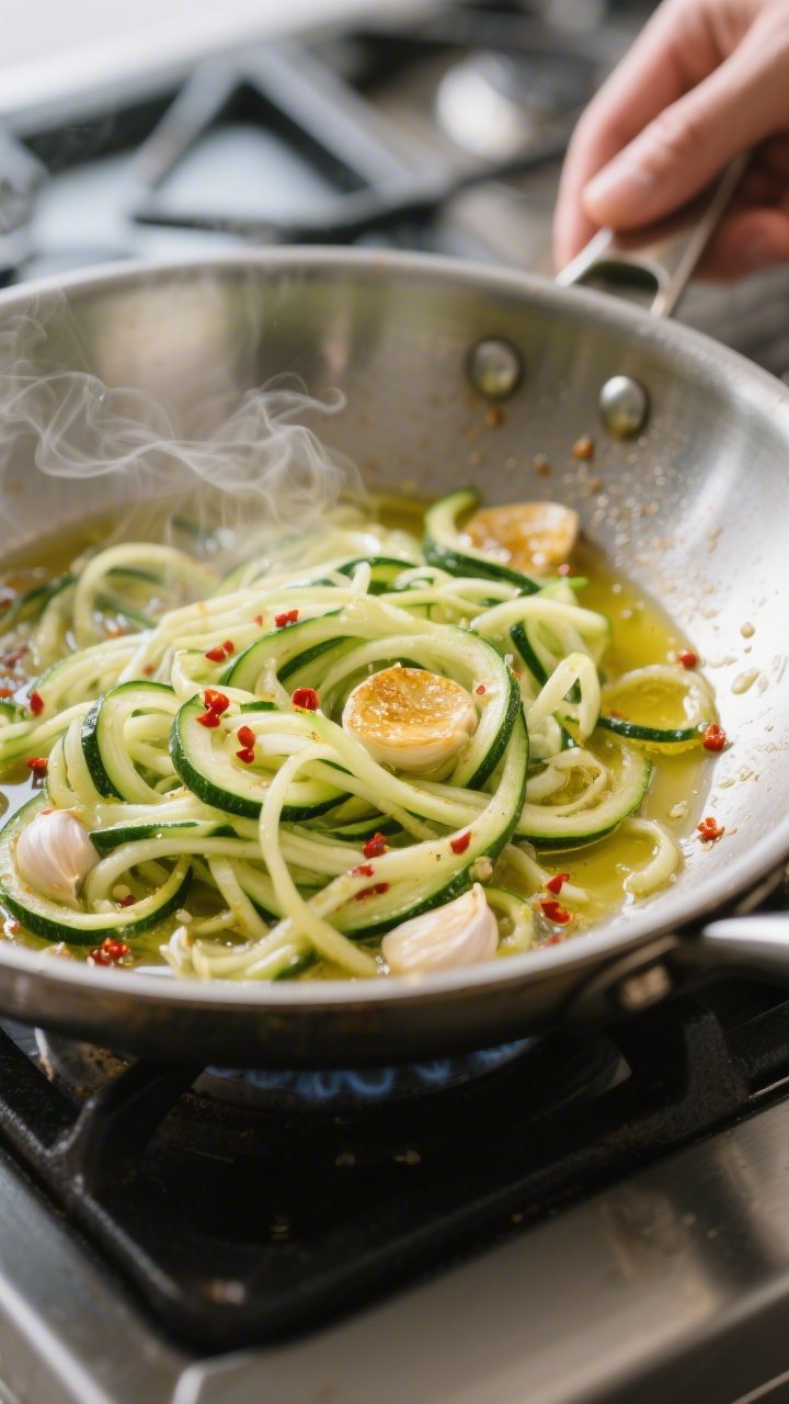 Cooking process close-up: Zucchini “noodles” sizzling in a wide stainless skillet with melted bu