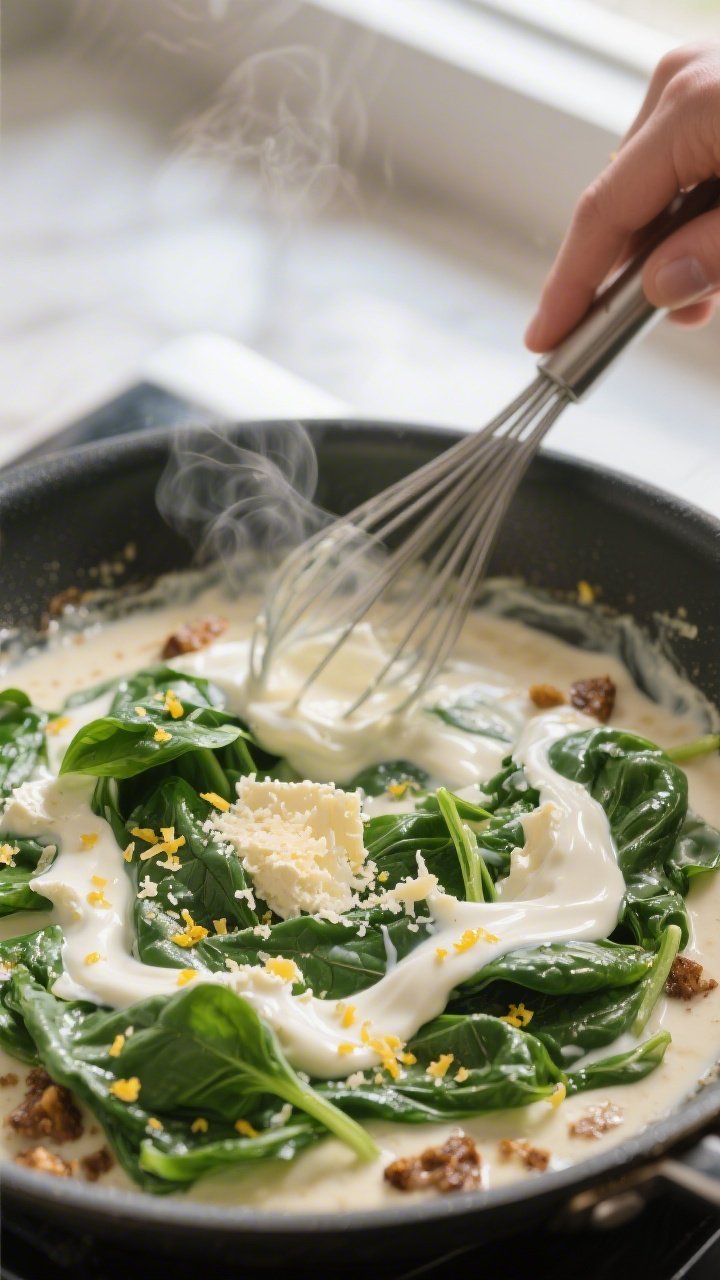 Cooking process: Creamy garlic spinach sauce being built in the same skillet—whisk ribbons of silk