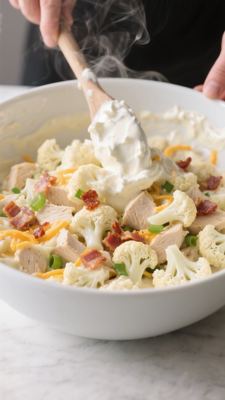 Cooking process — creamy toss: Close-up of par-cooked, tender-crisp cauliflower florets and bite-s