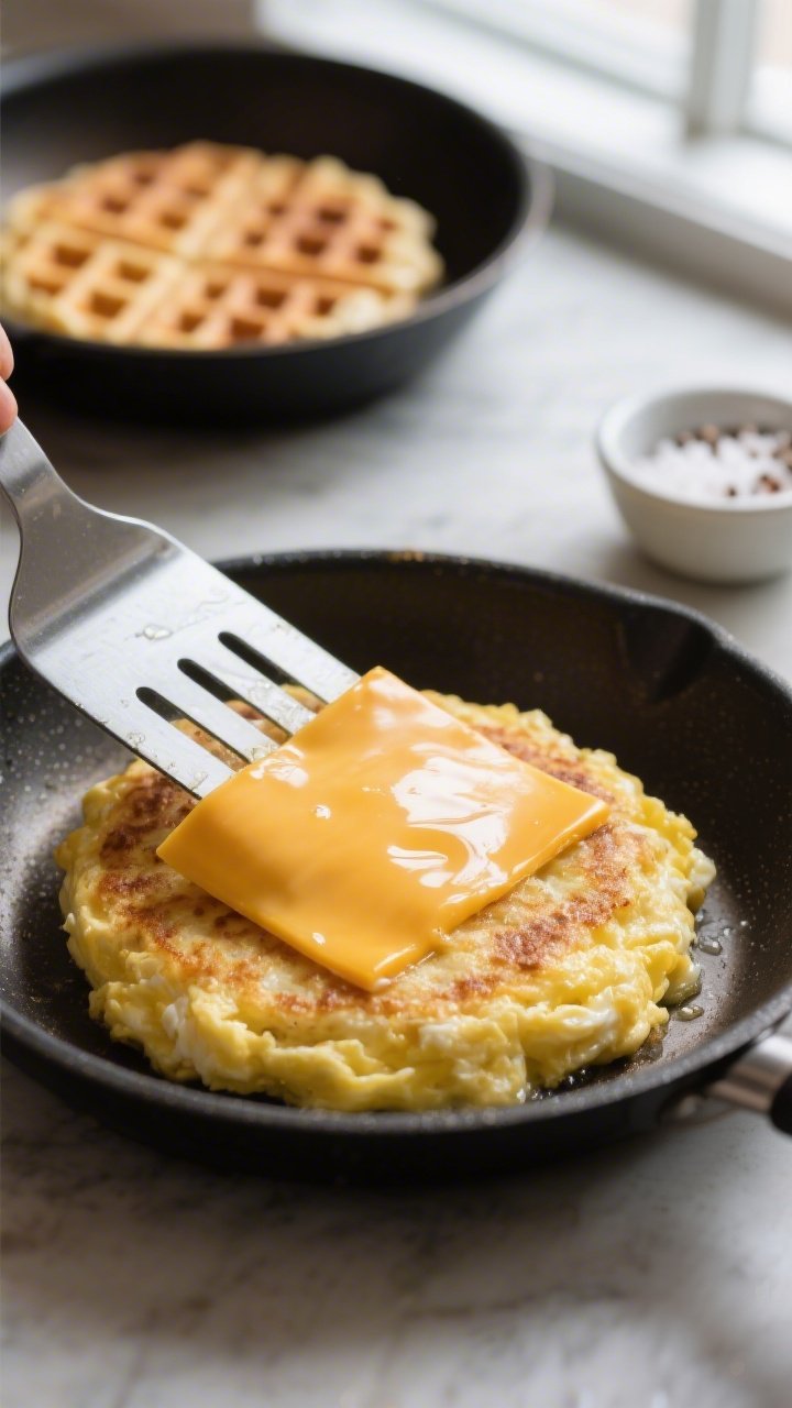 Cooking process: Egg and cheese filling on a small nonstick skillet—softly scrambled egg shaped in
