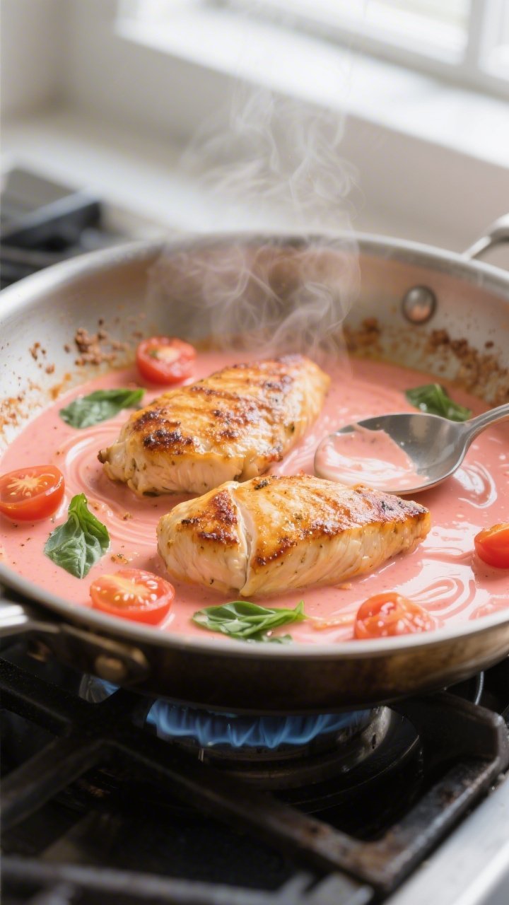 Cooking process: Golden-seared chicken breasts in a wide stainless skillet, bathed in a velvety pink