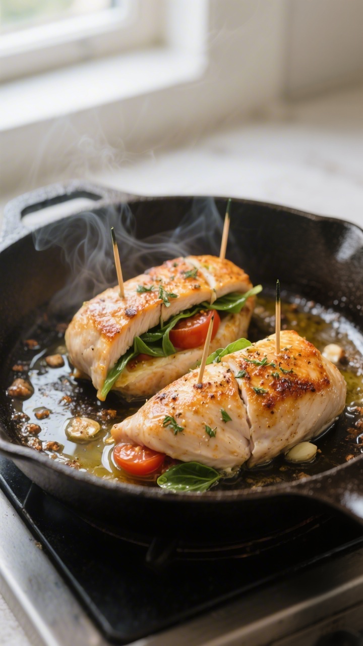 Cooking process in-pan: Stuffed chicken breasts searing in an oven-safe cast-iron skillet, showing d