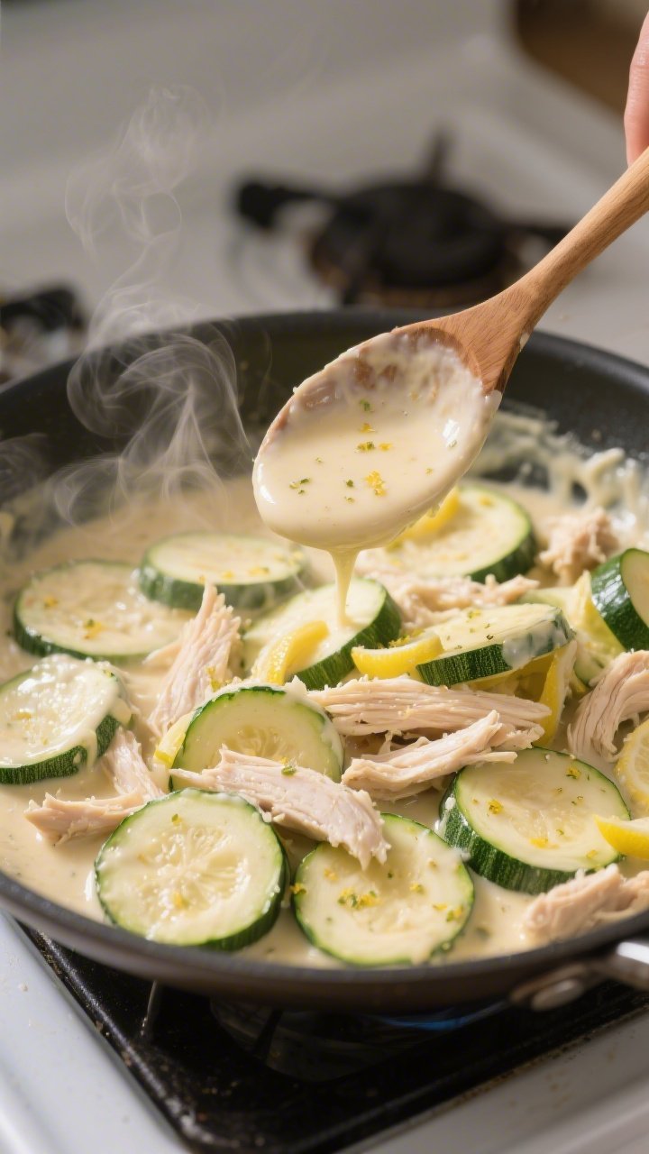 Cooking process: In-skillet scene of par-cooked zucchini half-moons and shredded chicken being tosse