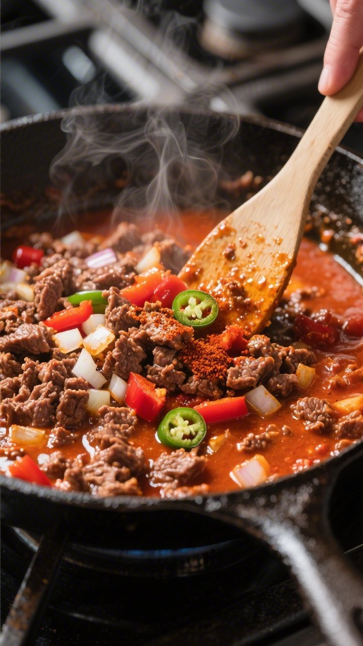 Cooking process: In-skillet shot of browned, crumbled beef simmering with tomato paste and low-sodiu