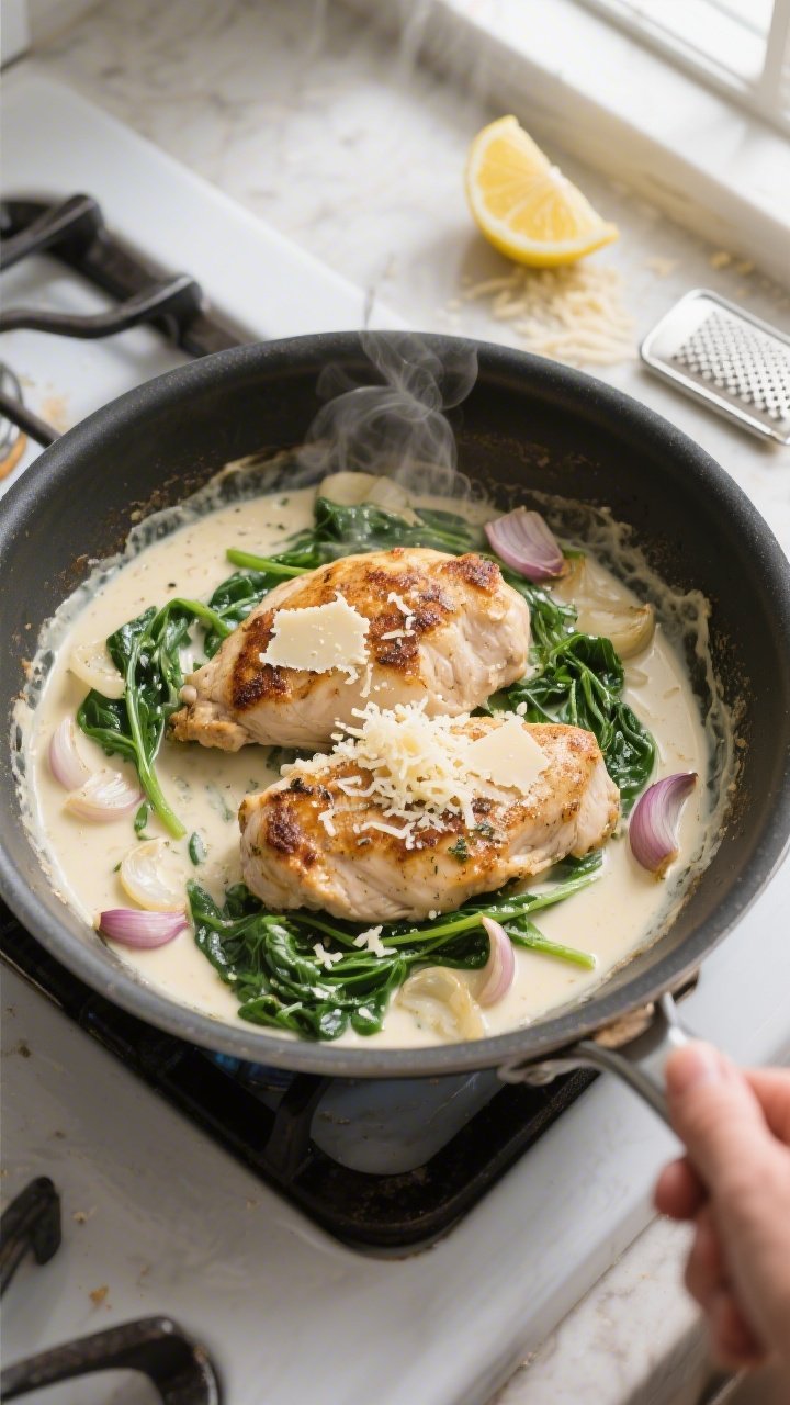 Cooking process: Keto Chicken Florentine in a large skillet mid-simmer, overhead shot capturing the 