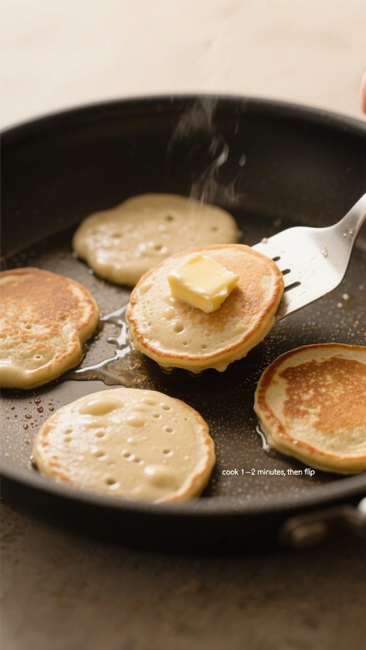 Cooking process: Keto pancake batter portioned into small rounds in a nonstick skillet over medium h