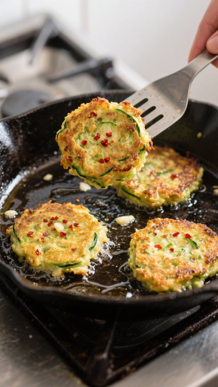 Cooking process: Keto zucchini fritters sizzling in a cast-iron skillet, mid-pan-fry at medium heat;