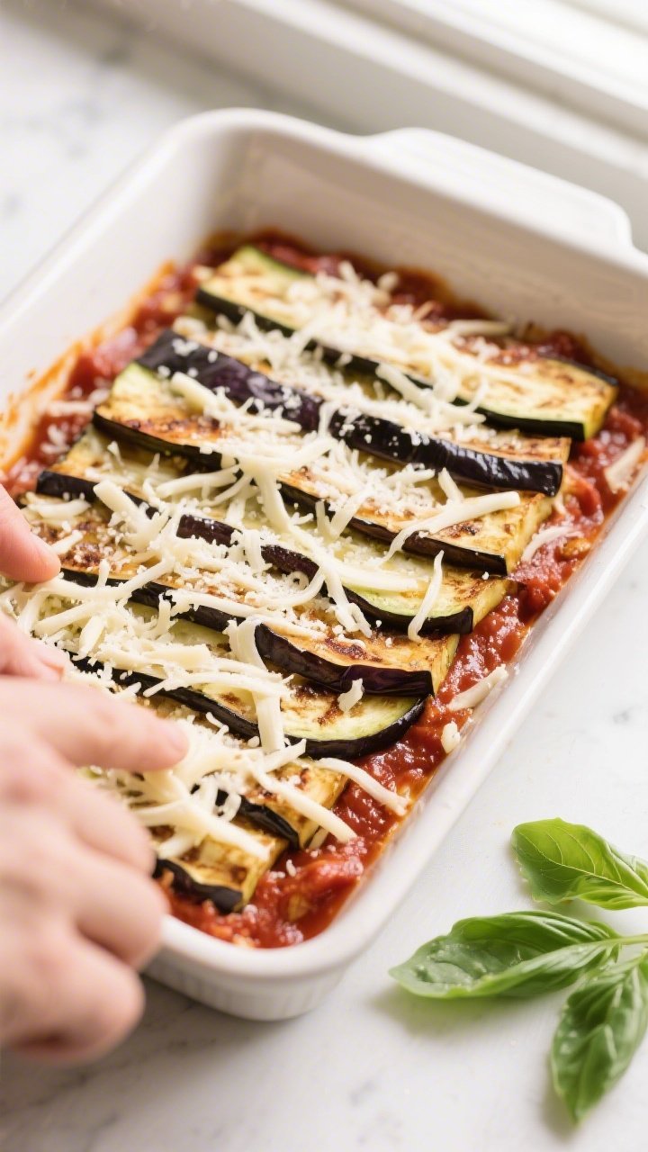 Cooking process: Layering the Keto Eggplant Parmesan in a 9x13 baking dish—overhead shot showing a