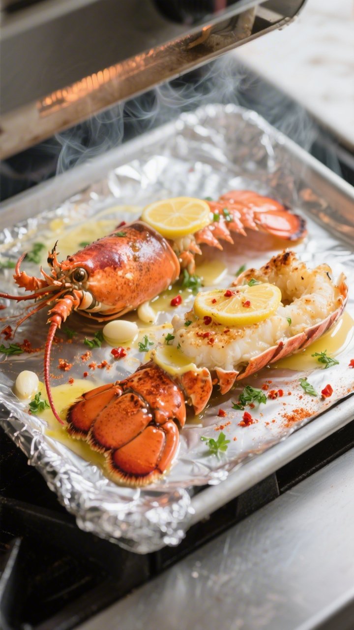 Cooking process: Lobster tails under a hot broiler on a foil-lined sheet, brushed generously with ga