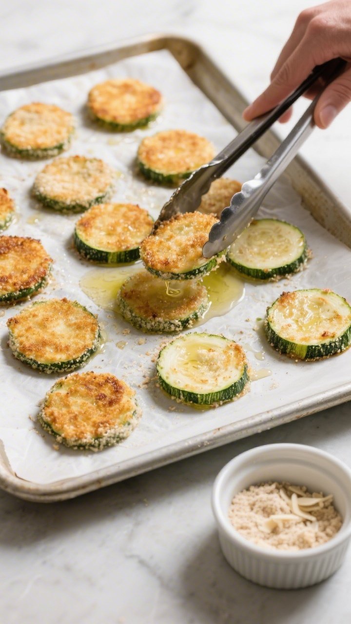 Cooking process: Mid-bake flip scene of coated zucchini rounds on a parchment-lined baking sheet at 