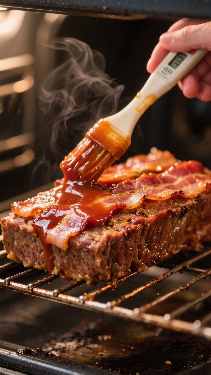 Cooking process: Mid-bake glazing moment—meatloaf on a rack being brushed with the thickened sugar