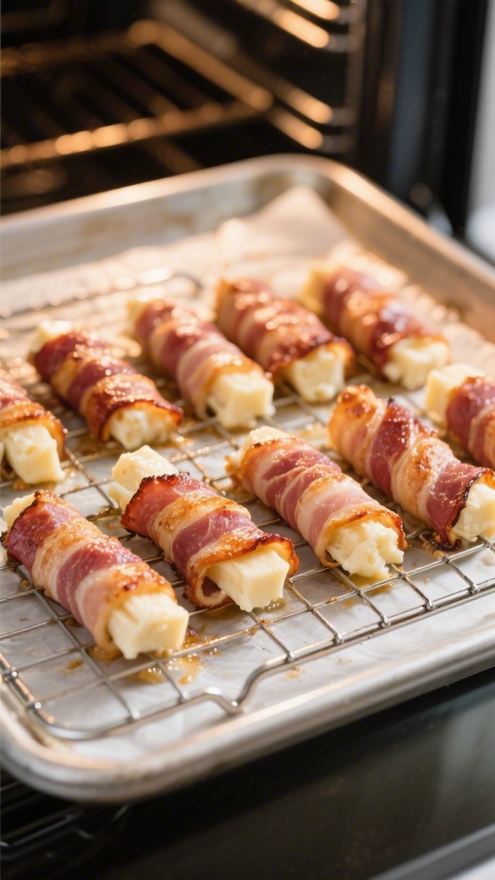 Cooking process: Mid-bake scene in the oven method—seam-side-down bacon-wrapped cheese sticks on a