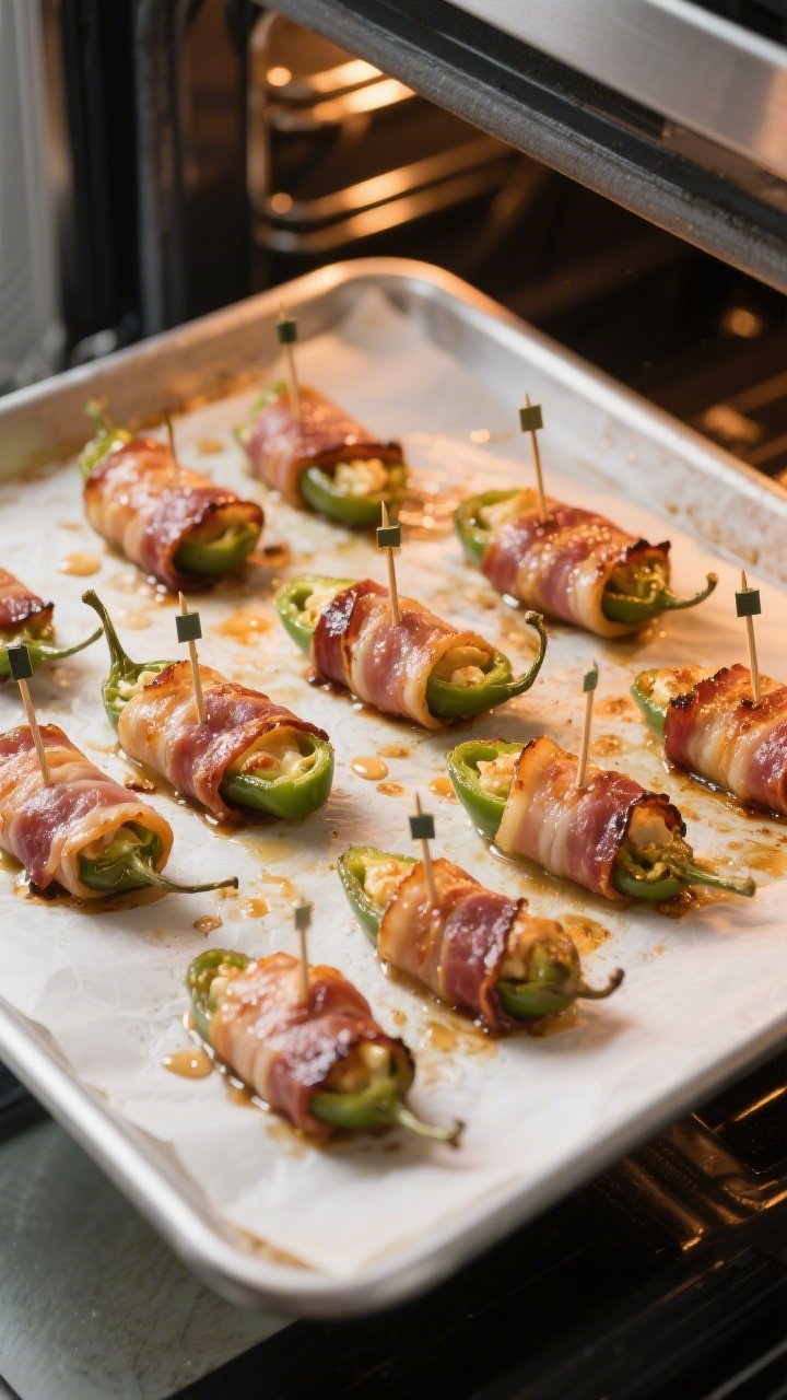 Cooking process: Mid-bake scene of bacon-wrapped jalapeños arranged with space on a parchment-lined