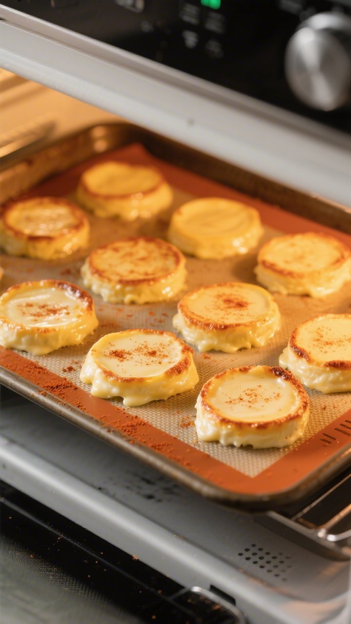 Cooking process: Mid-bake scene of evenly spaced 2-inch cheese rounds melting and spreading on a sil
