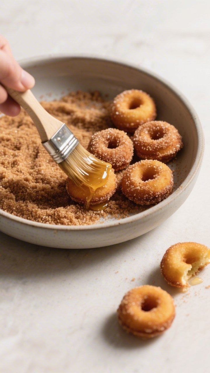 Cooking process: Mini donut bites being brushed with melted butter and then rolled in a cinnamon “