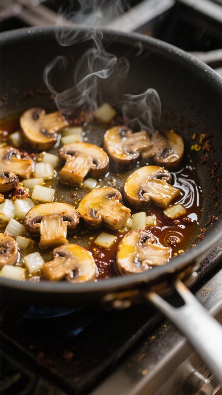 Cooking process: Mushrooms searing undisturbed in butter in a wide stainless skillet, midway through