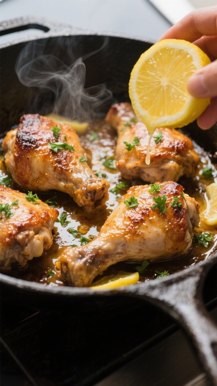 Cooking process: Oven-finished chicken thighs in a cast-iron skillet being brightened with a fresh s