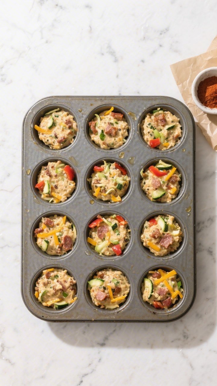 Cooking process, overhead shot: A 12-cup muffin tin on a clean, light stone surface, each cup filled