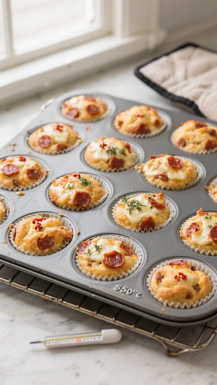 Cooking process: Overhead shot of a 12-cup muffin tin just out of the oven at 350°F, muffins domed 