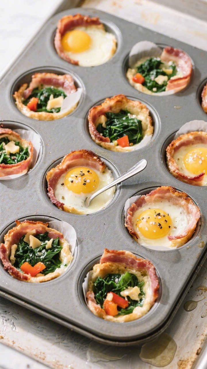 Cooking process: Overhead shot of a 12-cup muffin tin lined with par-cooked bacon rings, each cup fi