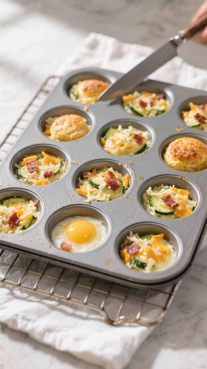 Cooking process: Overhead shot of a greased 12-cup muffin tin filled 3/4 full with the seasoned egg