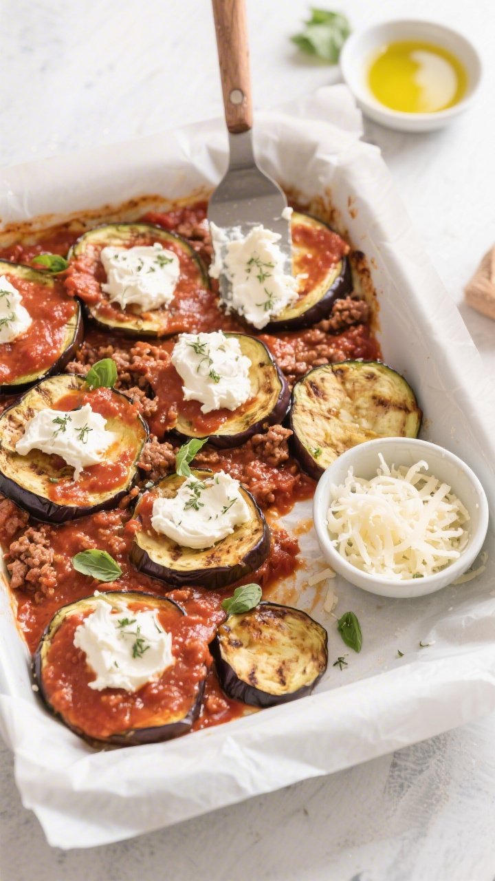 Cooking process: Overhead shot of assembly in a 9x13-inch baking dish—first layer of roasted eggpl