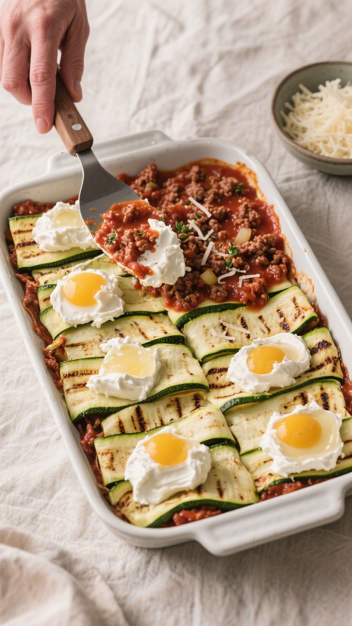 Cooking process: Overhead shot of assembly in a 9x13 baking dish—precooked, lightly grilled zucchi