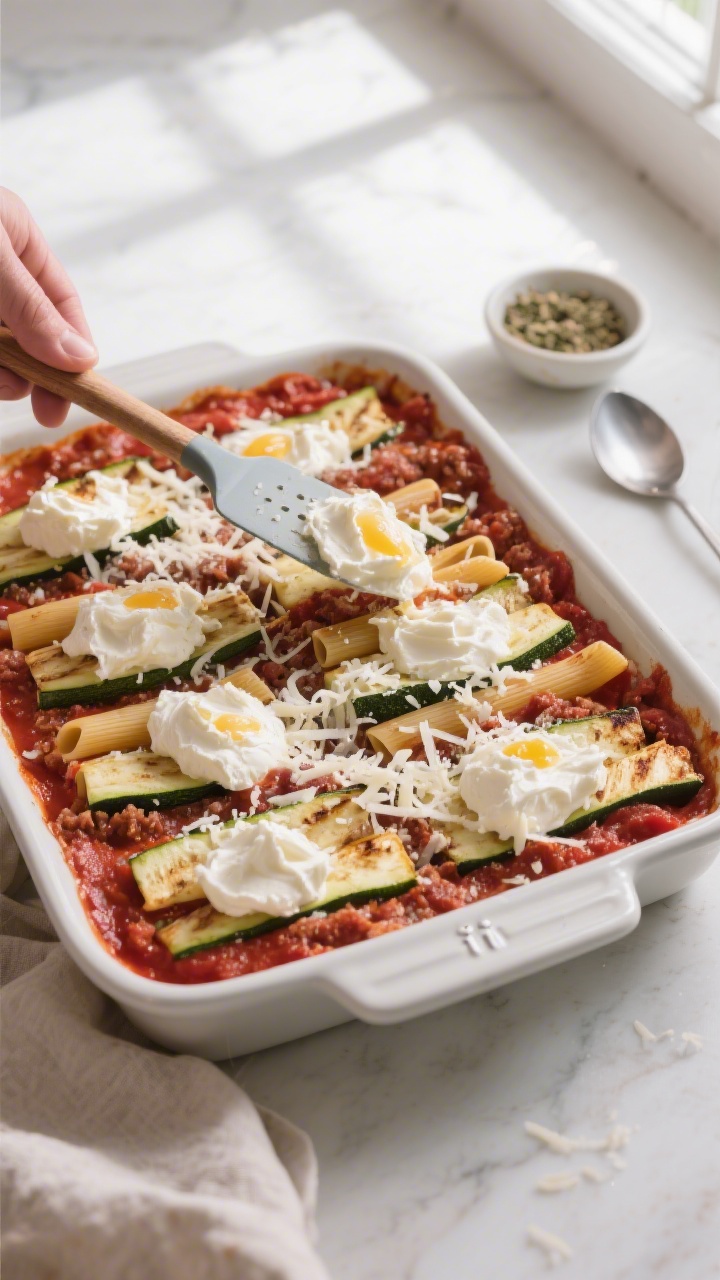 Cooking process: Overhead shot of assembly stage in a 9x13 baking dish—first layer of meaty tomato
