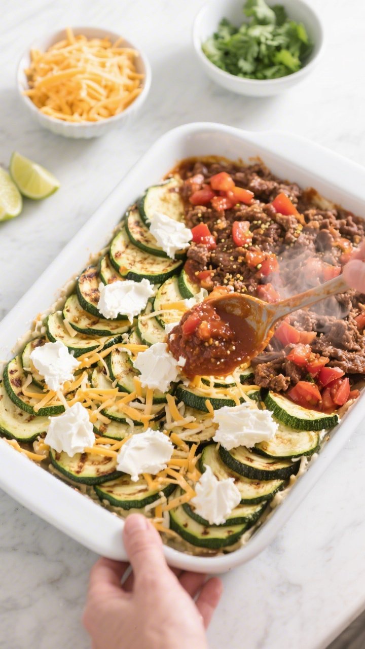 Cooking process: Overhead shot of assembly stage in a 9x13 baking dish—first layer of roasted zucc