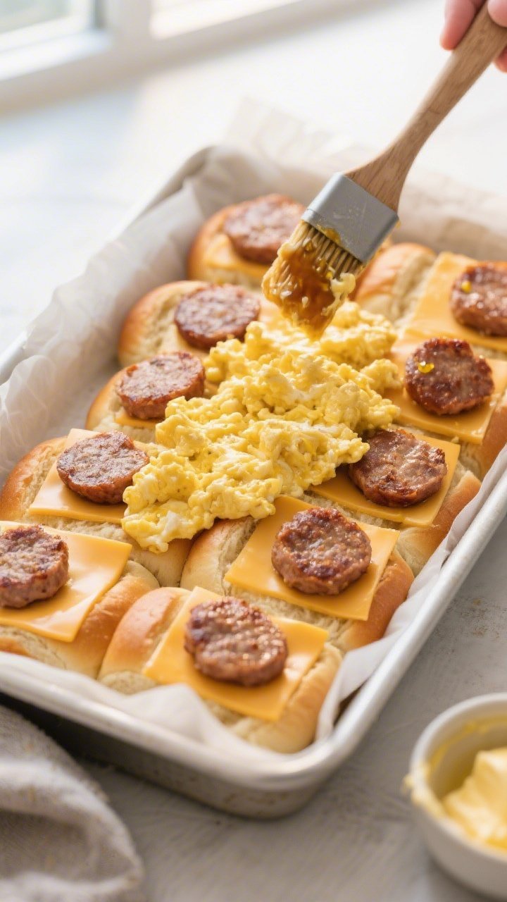 Cooking process: Overhead shot of assembly stage in the baking dish—connected Hawaiian roll bottom